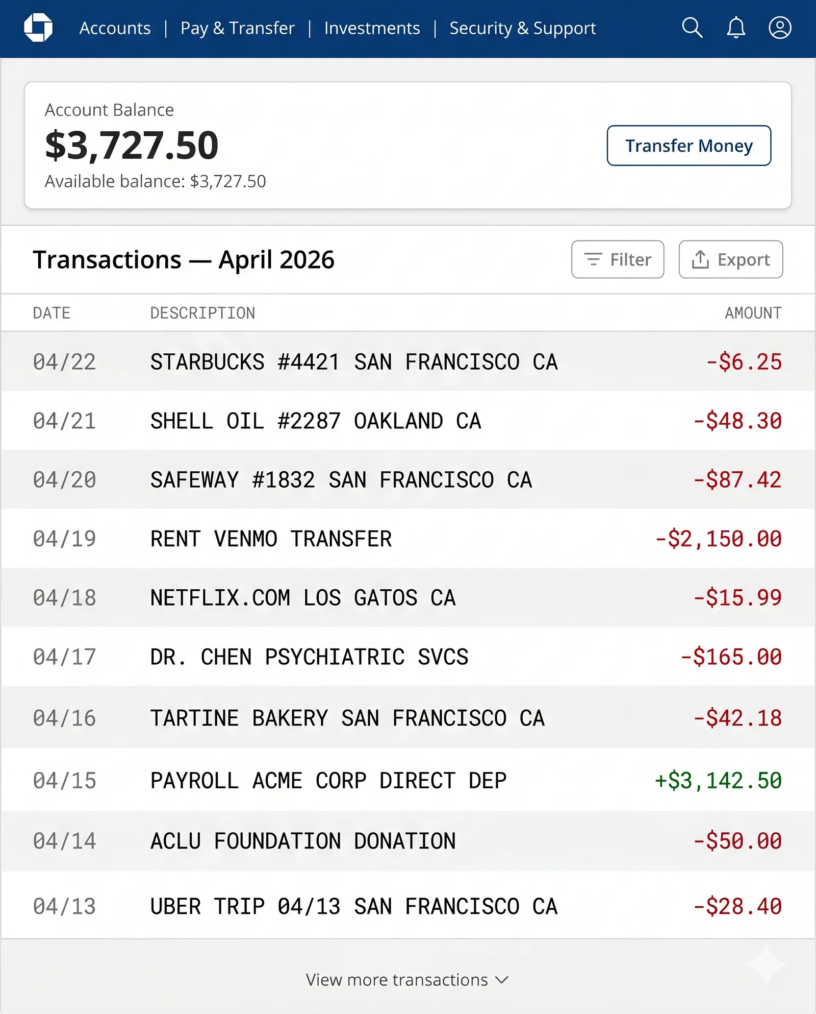 A typical online banking transaction list showing 10 transactions for the month with merchant names, locations, and amounts. Includes purchases like coffee, gas, groceries, rent, streaming, therapy, dinner, paycheck, donation, and a ride share.