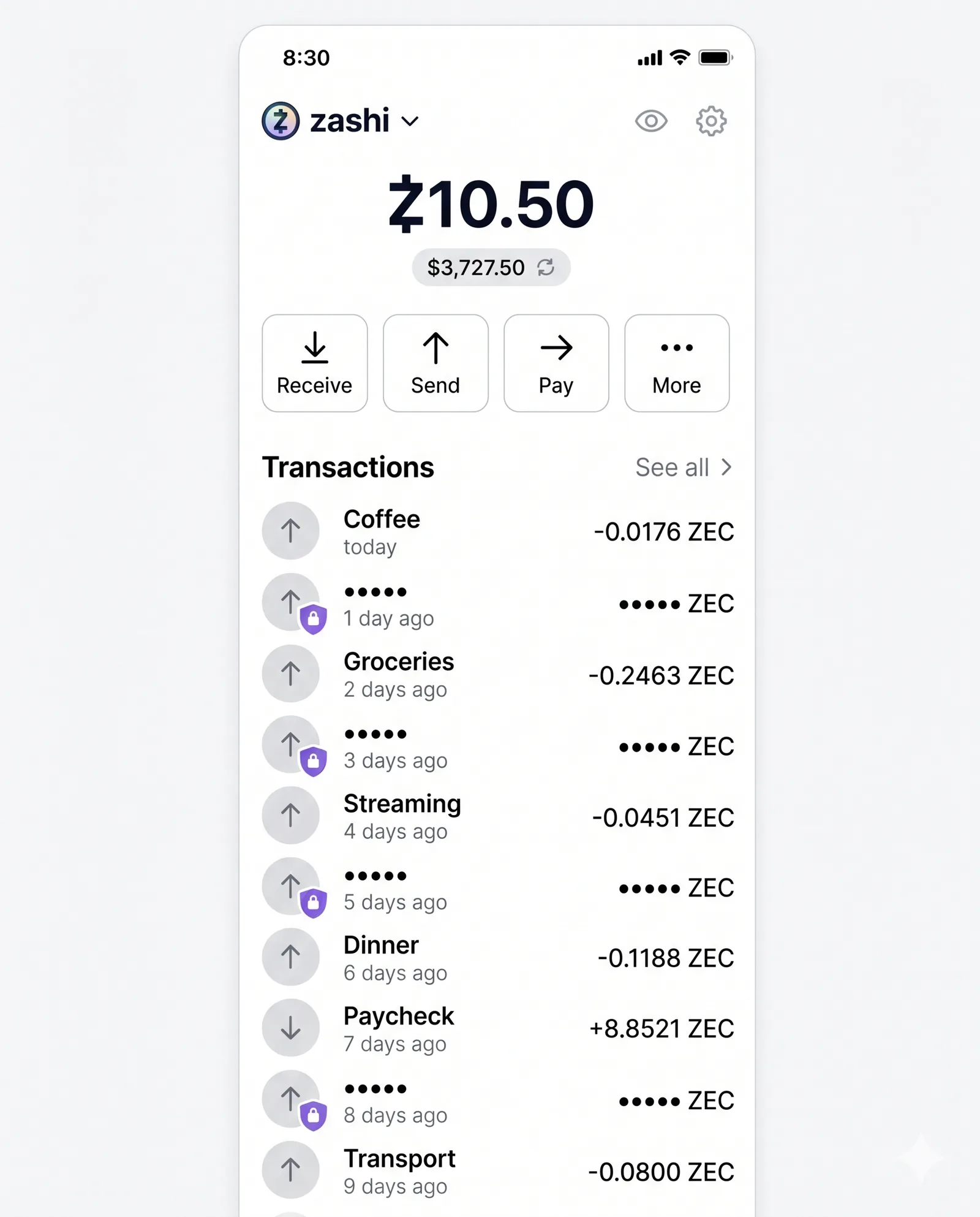 A Zashi wallet view showing 10 shielded transactions for the same month. Some transactions display labels and amounts the user wrote themselves; others are shown as bullet placeholders to illustrate that the data is encrypted from outside observers.