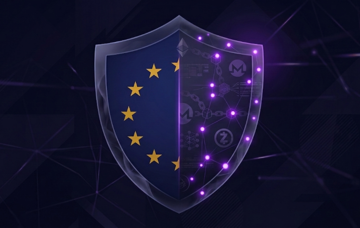 EU regulation and privacy coins - a digital shield between a European flag and crypto privacy symbols